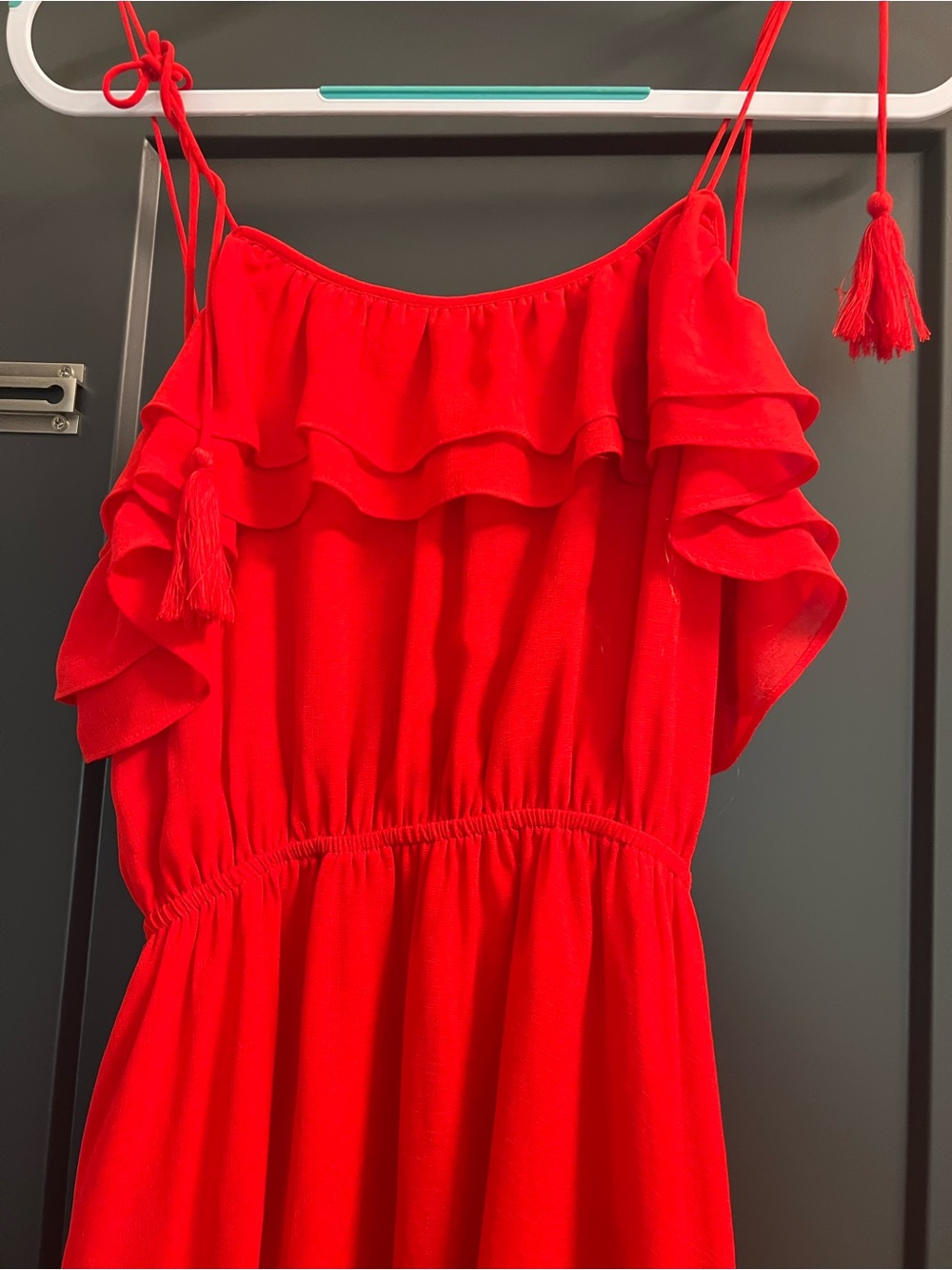 Red Ruffled Spaghetti-Strap Dress - Picture 5 of 5
